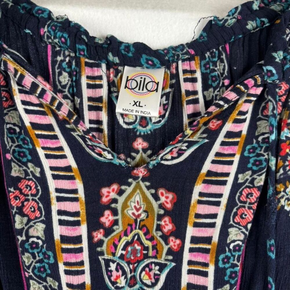 Bila Boho Floral Midi Dress Navy Blue Tassels XL - Picture 3 of 5
